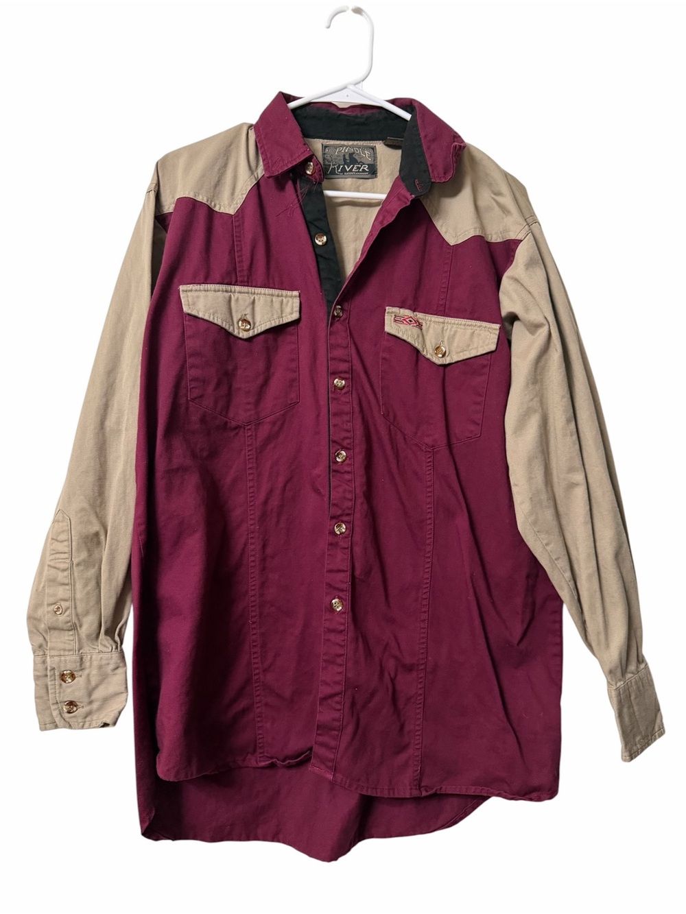 Spindle River Western Shirt Colorblock Button Up Tan Burgundy